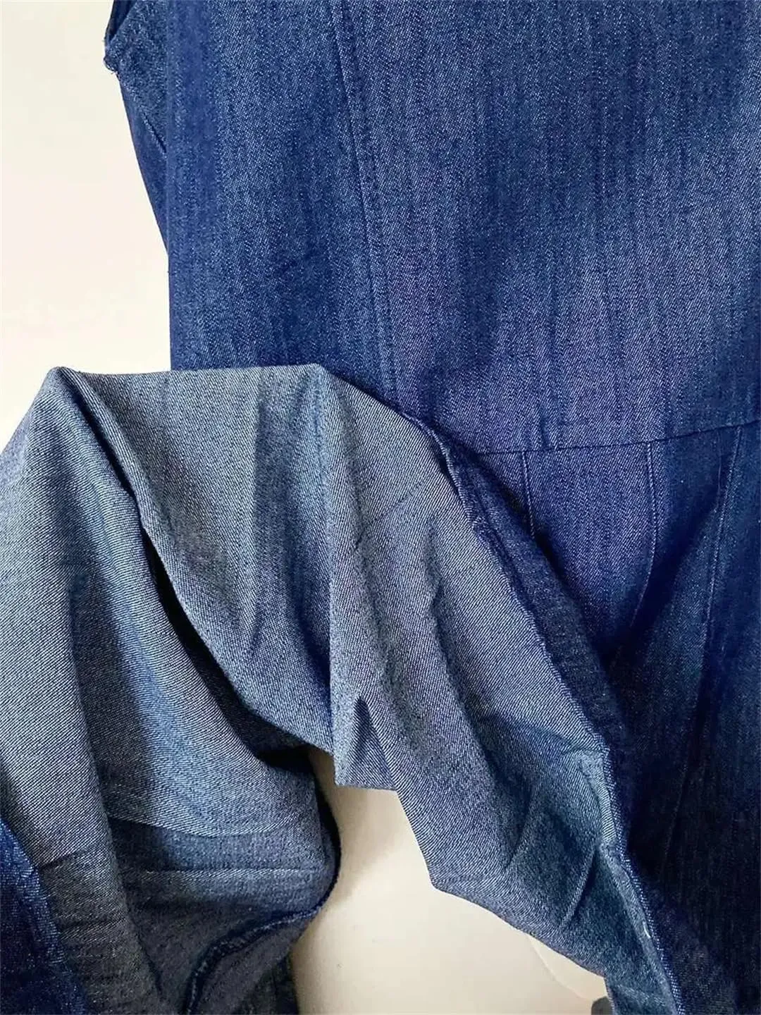 Women's Denim O-Neck Slim Sleeveless Zippers Deep Blue Spliced Folds Short Dress