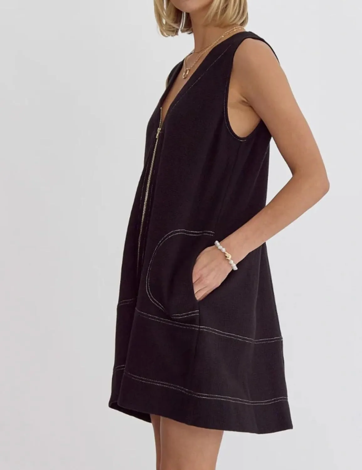 Womens Front Zip Up Cotton Dress V Neck Sleeveless A Line Mini Dresses with Pockets