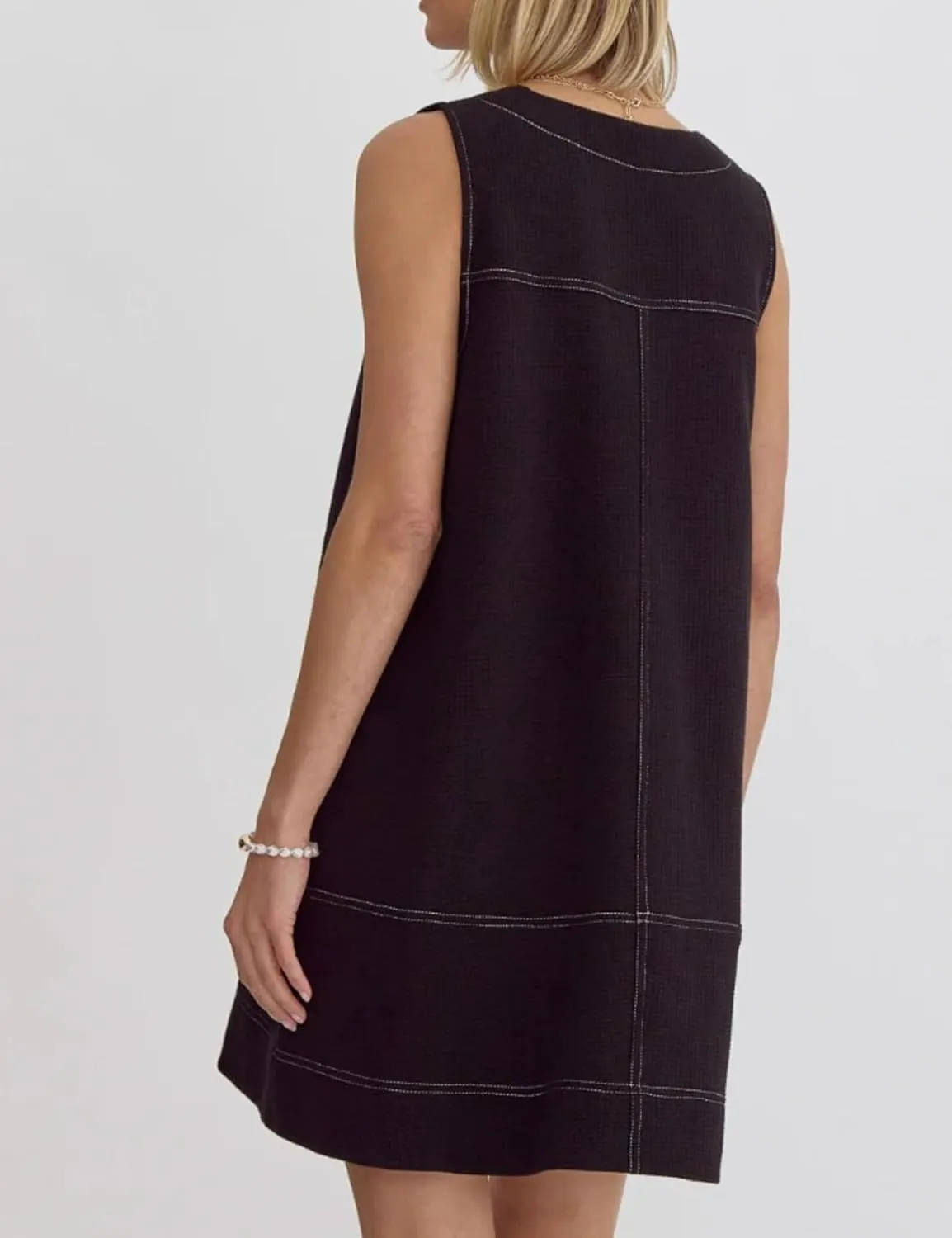 Womens Front Zip Up Cotton Dress V Neck Sleeveless A Line Mini Dresses with Pockets