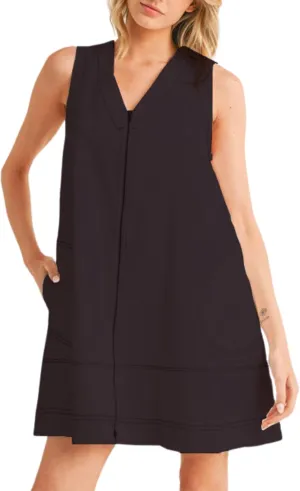 Womens Front Zip Up Cotton Dress V Neck Sleeveless A Line Mini Dresses with Pockets