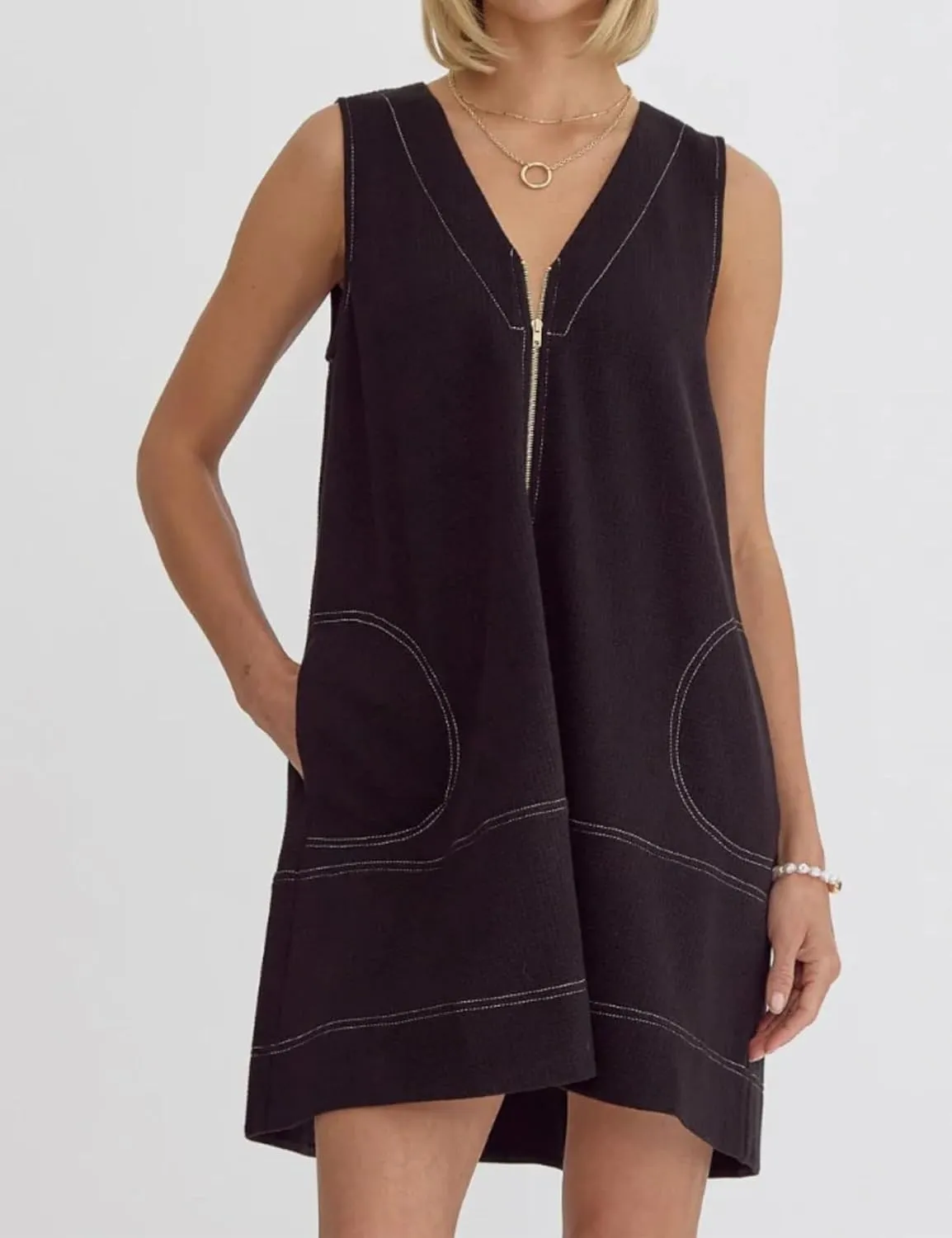 Womens Front Zip Up Cotton Dress V Neck Sleeveless A Line Mini Dresses with Pockets