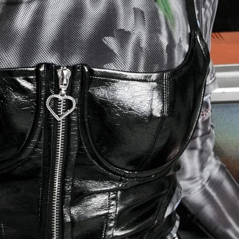 Women's Grunge Front Zip Slip Faux Leather Vests