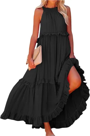 Womens Halter Maxi Dress Sleeveless Sexy Tiered Flowy Summer Loose Smocked Ruffle Swing Beach Dress with Pockets