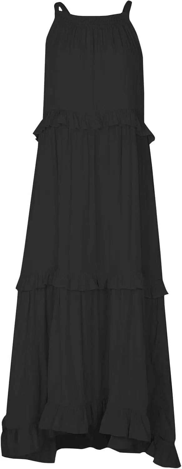 Womens Halter Maxi Dress Sleeveless Sexy Tiered Flowy Summer Loose Smocked Ruffle Swing Beach Dress with Pockets