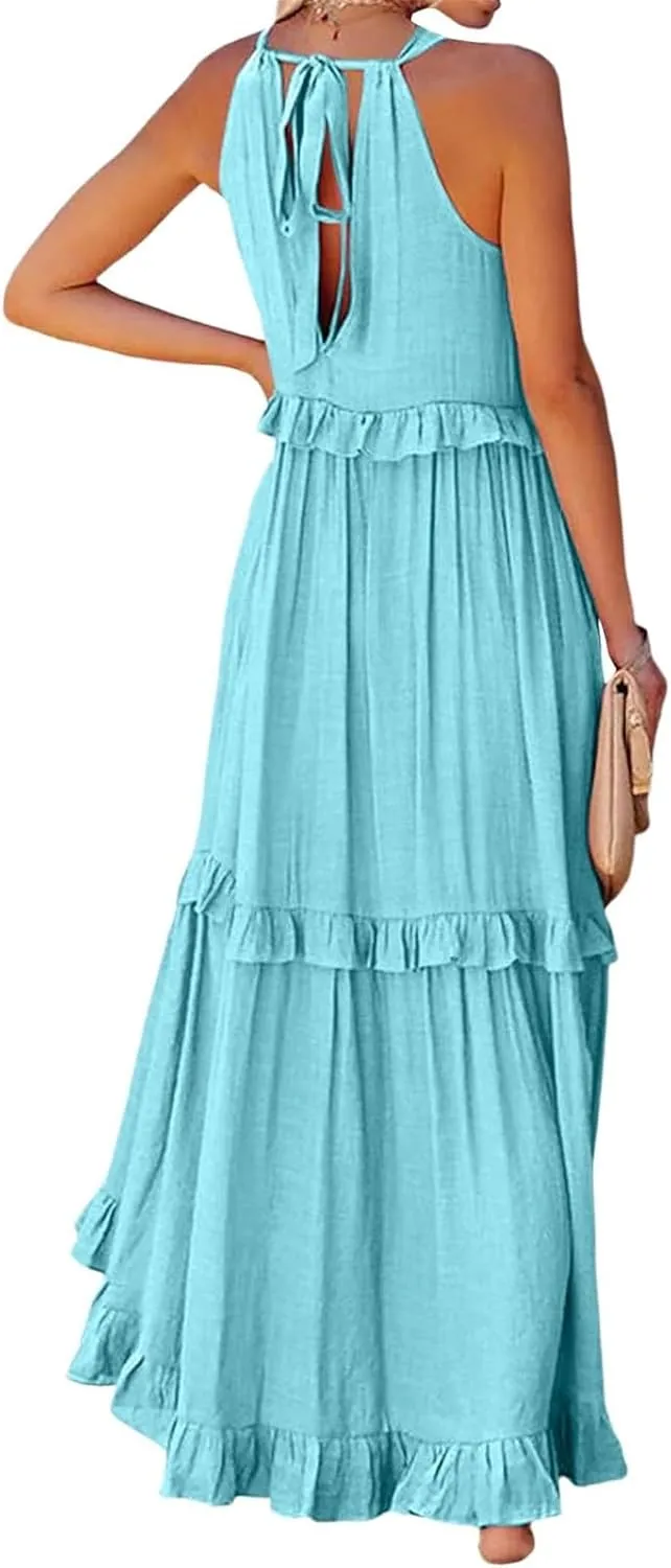 Womens Halter Maxi Dress Sleeveless Sexy Tiered Flowy Summer Loose Smocked Ruffle Swing Beach Dress with Pockets