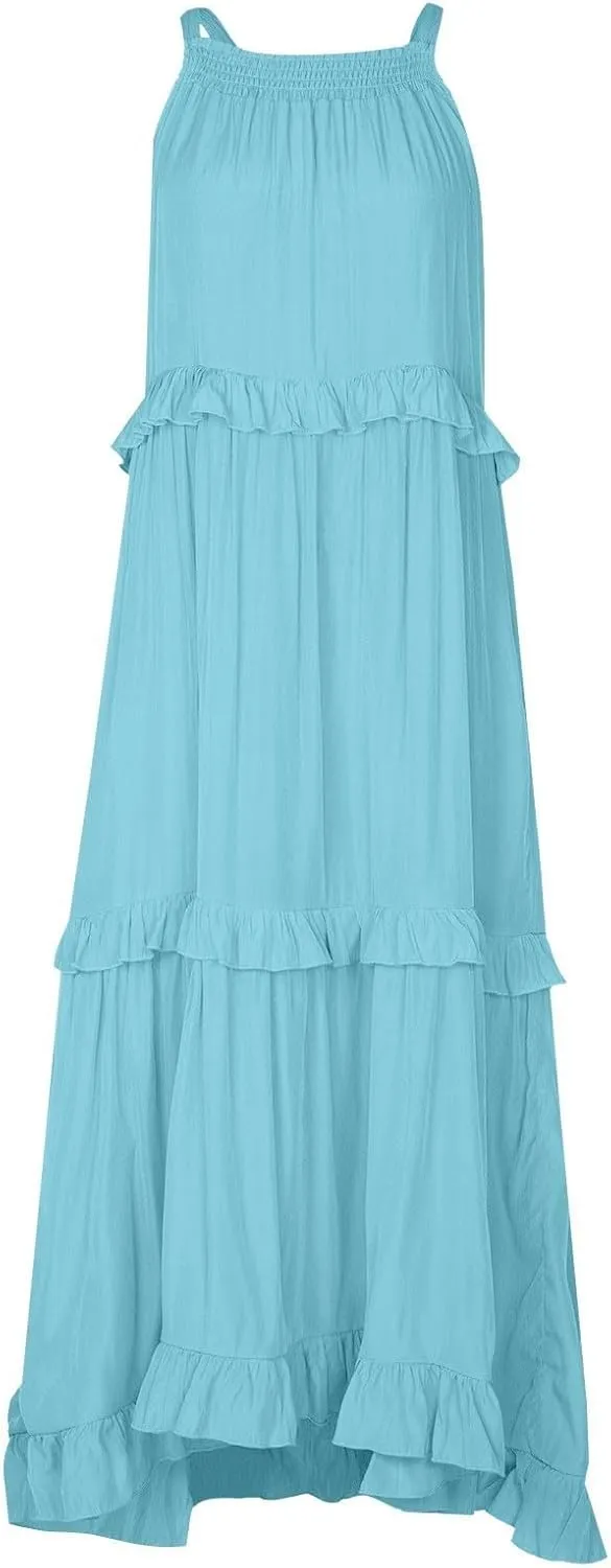 Womens Halter Maxi Dress Sleeveless Sexy Tiered Flowy Summer Loose Smocked Ruffle Swing Beach Dress with Pockets