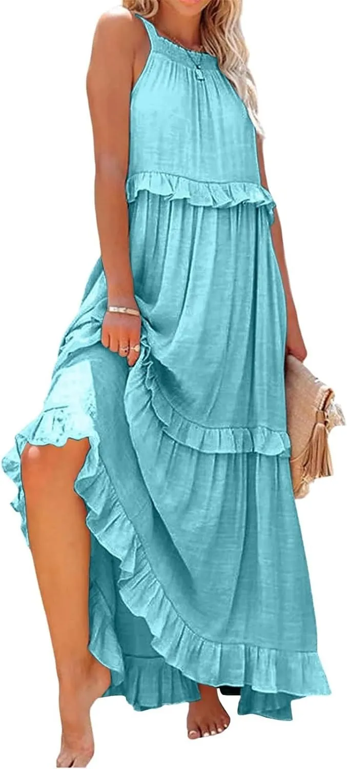 Womens Halter Maxi Dress Sleeveless Sexy Tiered Flowy Summer Loose Smocked Ruffle Swing Beach Dress with Pockets