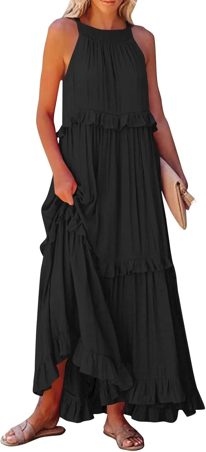 Womens Halter Maxi Dress Sleeveless Sexy Tiered Flowy Summer Loose Smocked Ruffle Swing Beach Dress with Pockets