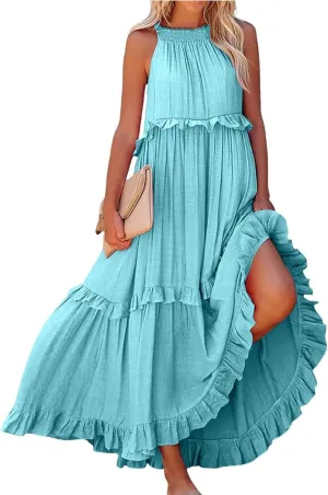 Womens Halter Maxi Dress Sleeveless Sexy Tiered Flowy Summer Loose Smocked Ruffle Swing Beach Dress with Pockets