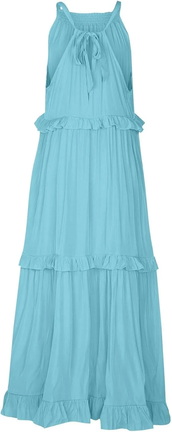 Womens Halter Maxi Dress Sleeveless Sexy Tiered Flowy Summer Loose Smocked Ruffle Swing Beach Dress with Pockets