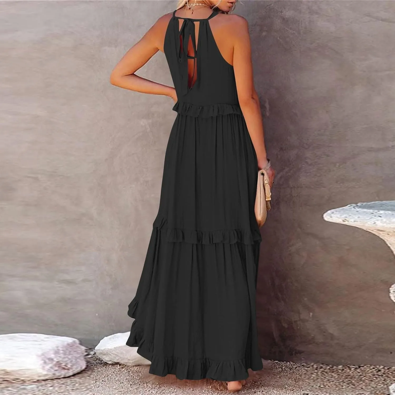 Womens Halter Maxi Dress Sleeveless Sexy Tiered Flowy Summer Loose Smocked Ruffle Swing Beach Dress with Pockets