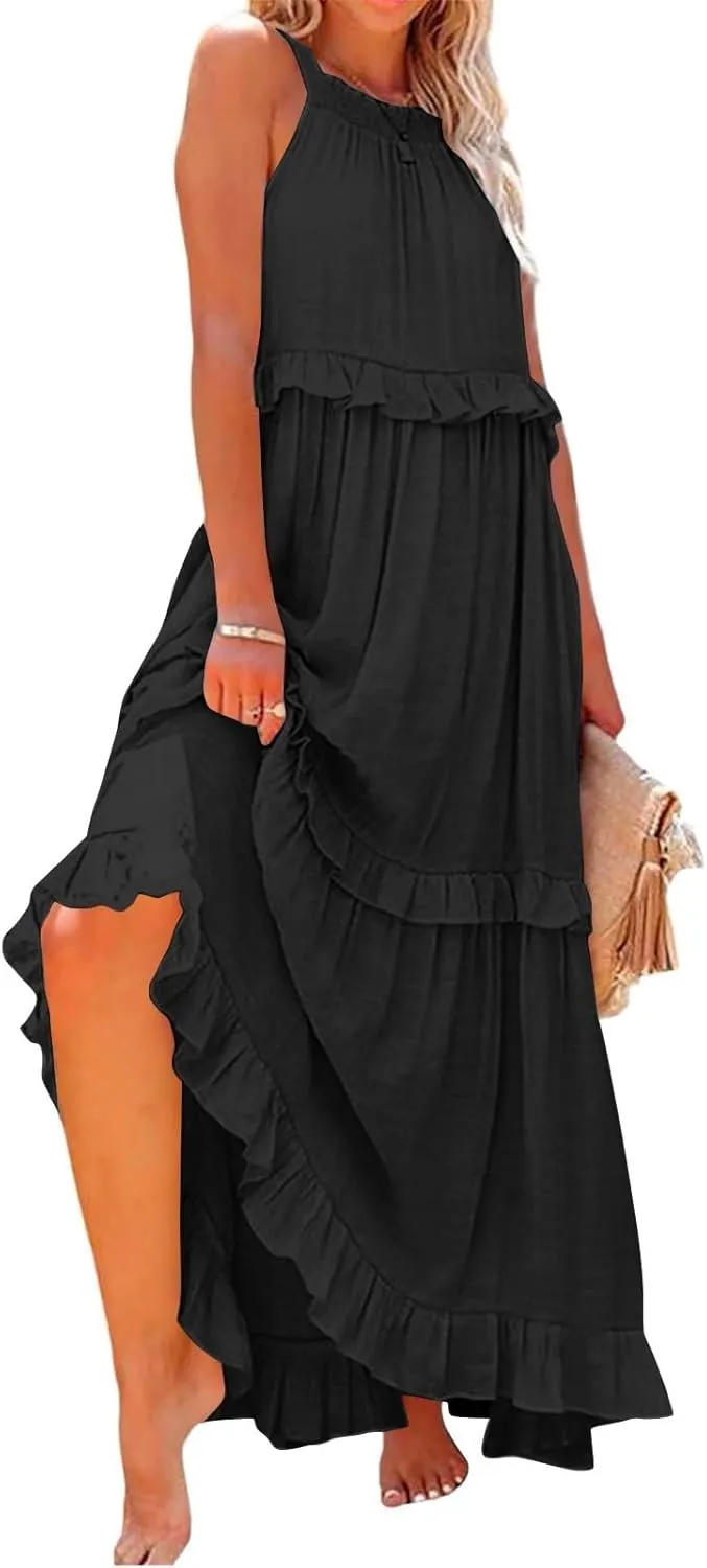Womens Halter Maxi Dress Sleeveless Sexy Tiered Flowy Summer Loose Smocked Ruffle Swing Beach Dress with Pockets