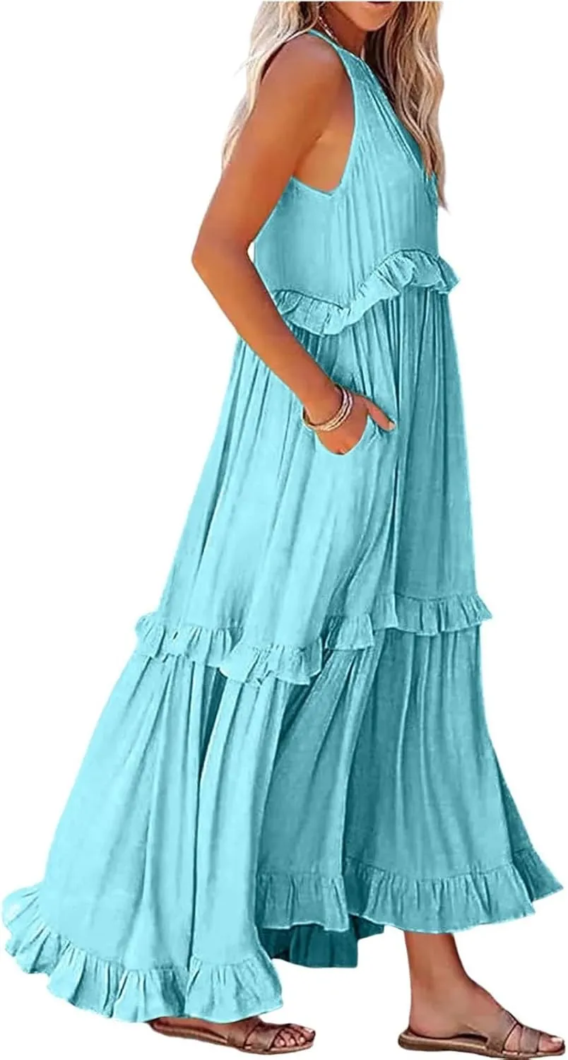 Womens Halter Maxi Dress Sleeveless Sexy Tiered Flowy Summer Loose Smocked Ruffle Swing Beach Dress with Pockets