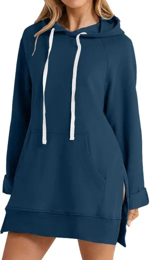 Women's Oversized Casual Pullover Long Sleeve Split Hem Drawstring Hoodies Dress, Long Hoodies for Women with Pocket