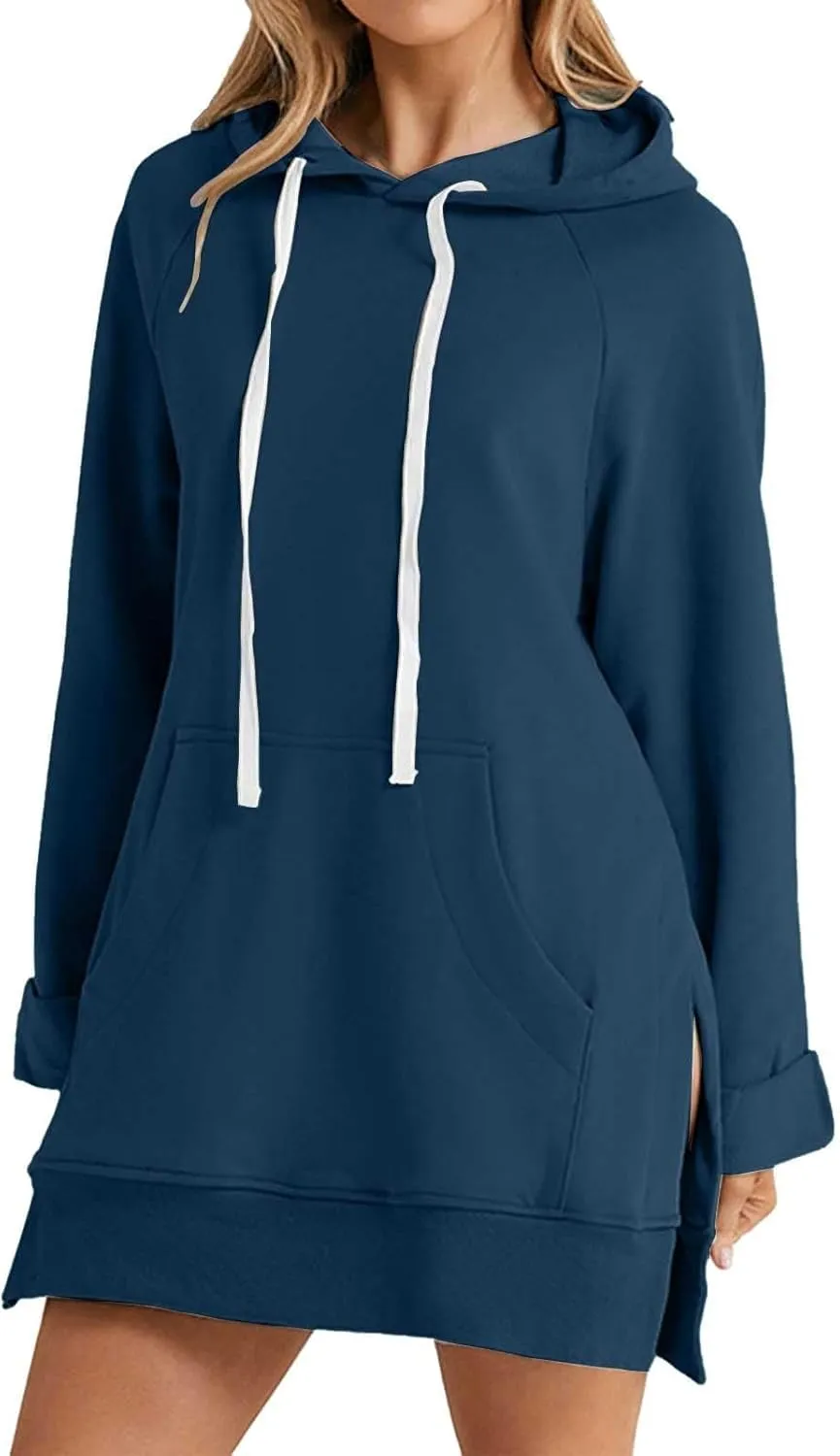 Women's Oversized Casual Pullover Long Sleeve Split Hem Drawstring Hoodies Dress, Long Hoodies for Women with Pocket