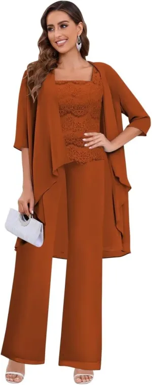 Women's Pant Suits for Wedding 3 Piece Chiffon Lace Mother of The Bride Pantsuit Formal Outfit