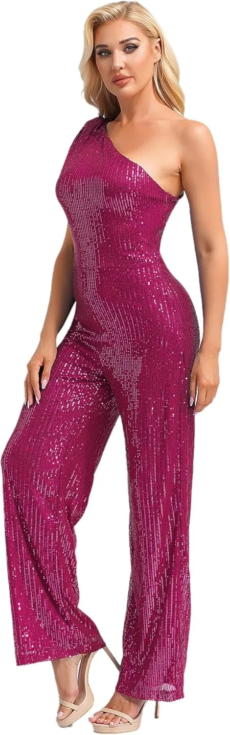Womens Sequin One Shoulder Wide Leg Jumpsuit Glitter Club Party Rompers Sparkly Overalls Pants Outfits