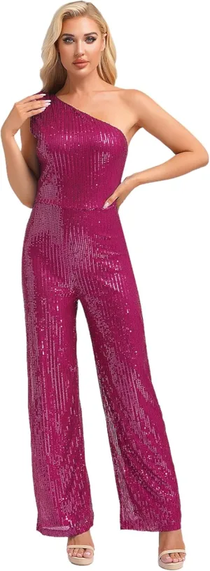 Womens Sequin One Shoulder Wide Leg Jumpsuit Glitter Club Party Rompers Sparkly Overalls Pants Outfits