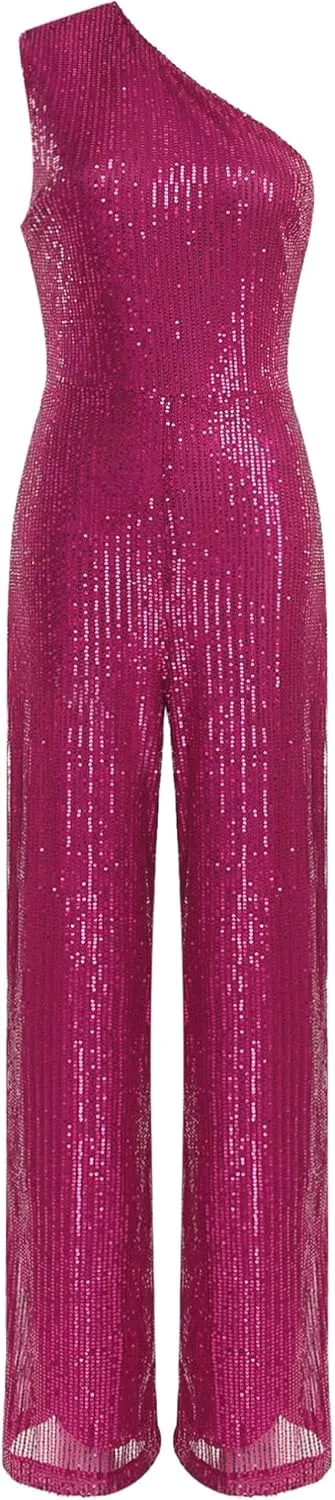 Womens Sequin One Shoulder Wide Leg Jumpsuit Glitter Club Party Rompers Sparkly Overalls Pants Outfits