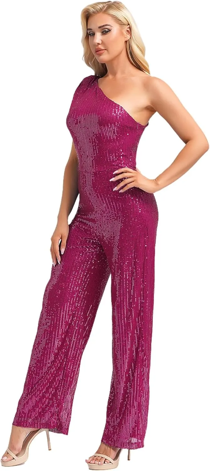 Womens Sequin One Shoulder Wide Leg Jumpsuit Glitter Club Party Rompers Sparkly Overalls Pants Outfits