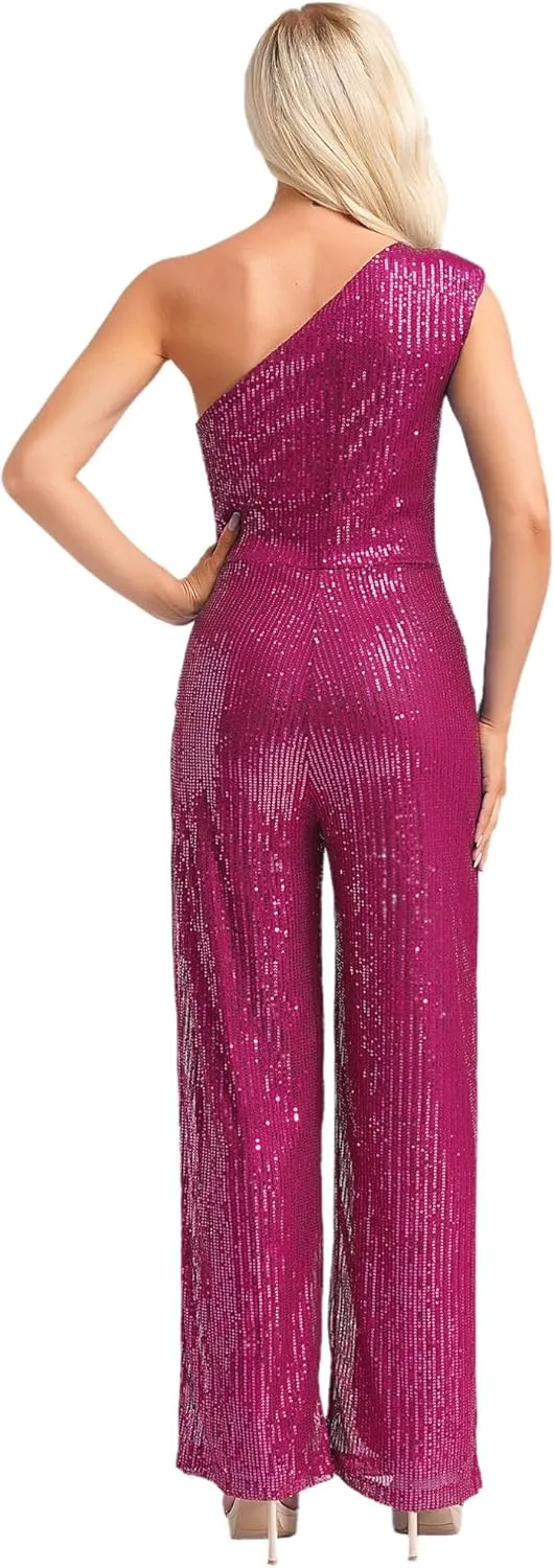 Womens Sequin One Shoulder Wide Leg Jumpsuit Glitter Club Party Rompers Sparkly Overalls Pants Outfits