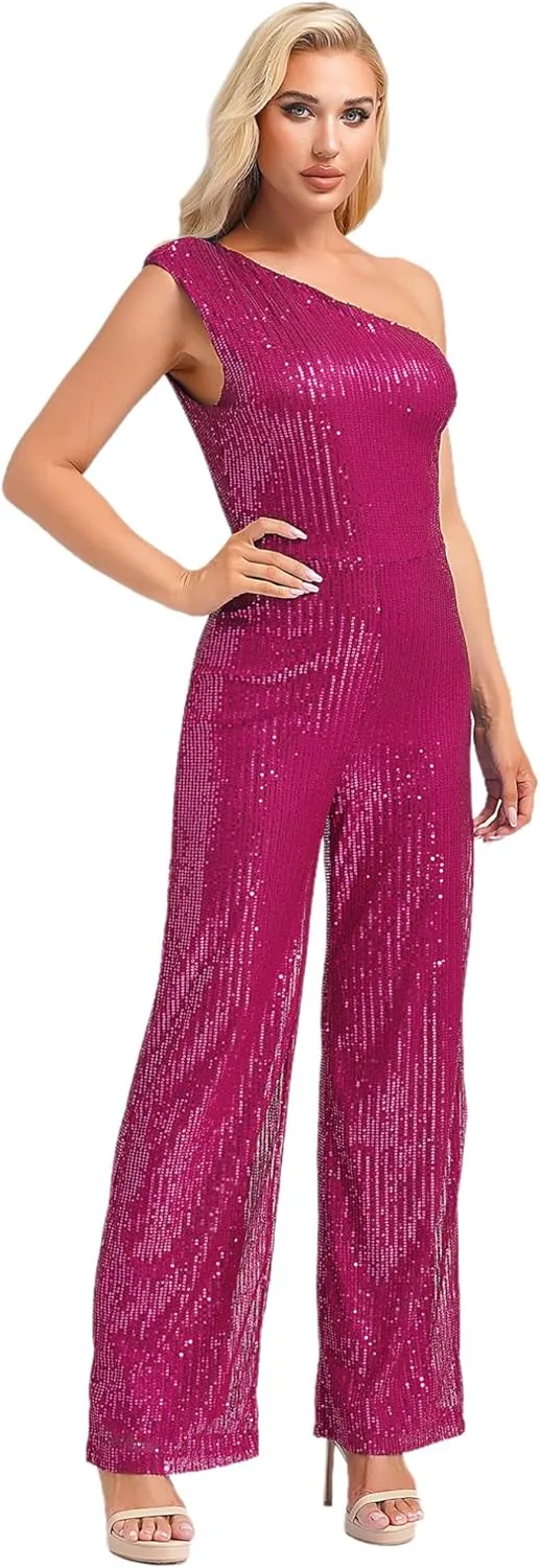 Womens Sequin One Shoulder Wide Leg Jumpsuit Glitter Club Party Rompers Sparkly Overalls Pants Outfits