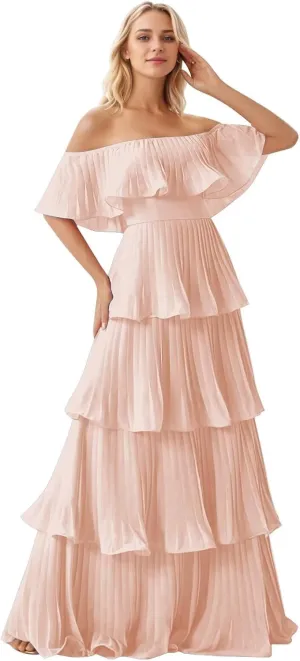 Women's Tiered Bridesmaid Dresses Off Shoulder Chiffon Pleated Prom Dress A Line Formal Evening Dress 2025