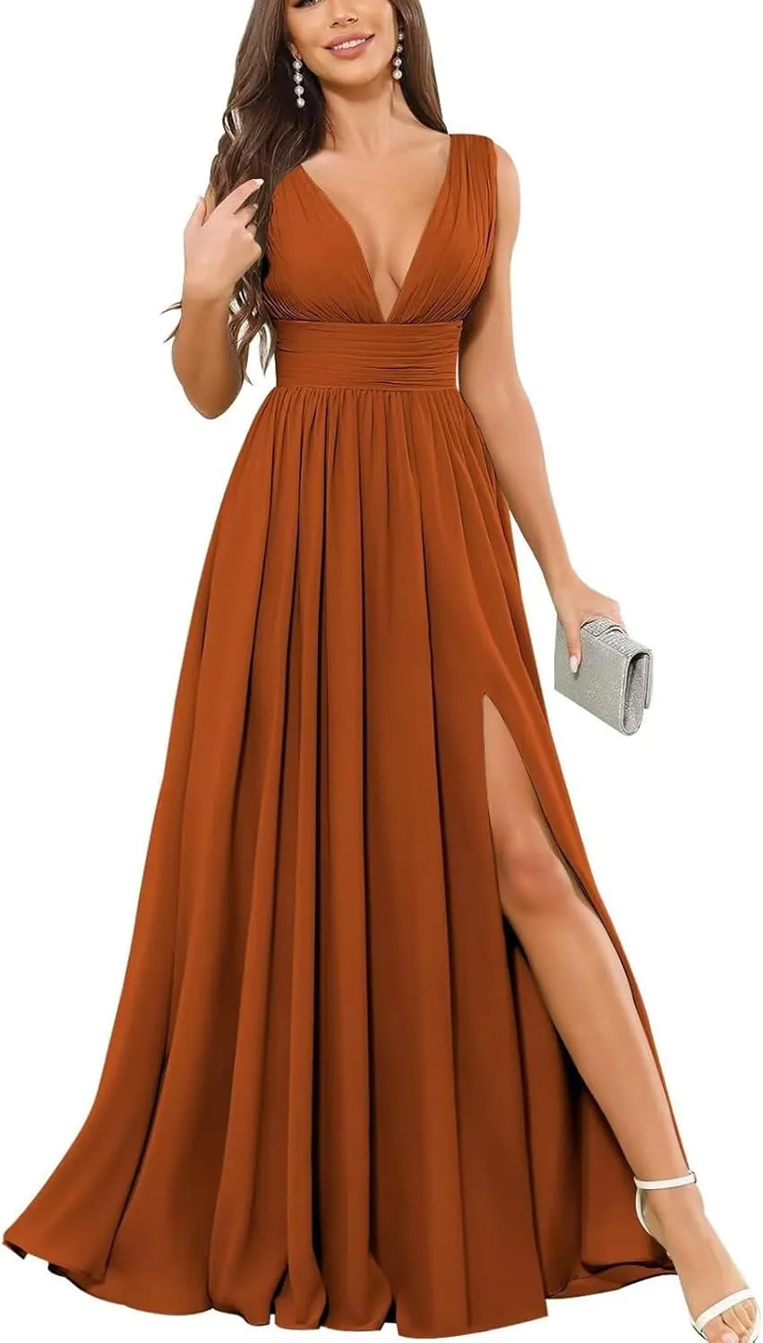Women's V Neck Bridesmaid Dresses for Wedding Long Chiffon Pleated A Line Formal Evening Gown Prom Dress with Slit