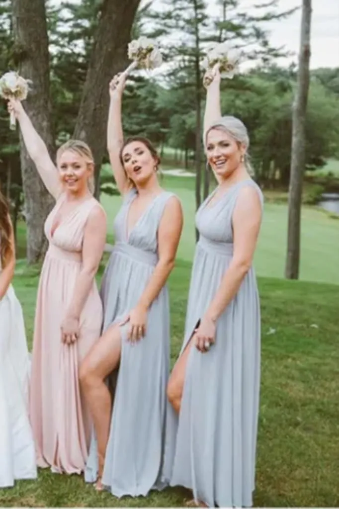 Women's V Neck Bridesmaid Dresses for Wedding Long Chiffon Pleated A Line Formal Evening Gown Prom Dress with Slit