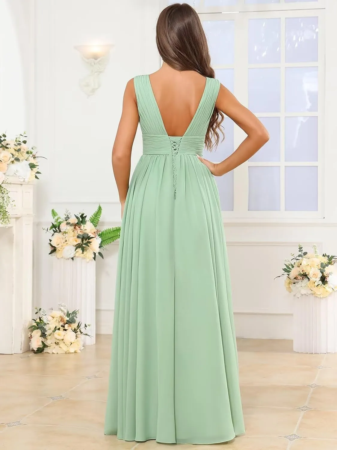 Women's V Neck Bridesmaid Dresses for Wedding Long Chiffon Pleated A Line Formal Evening Gown Prom Dress with Slit