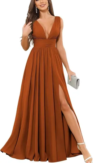Women's V Neck Bridesmaid Dresses for Wedding Long Chiffon Pleated A Line Formal Evening Gown Prom Dress with Slit