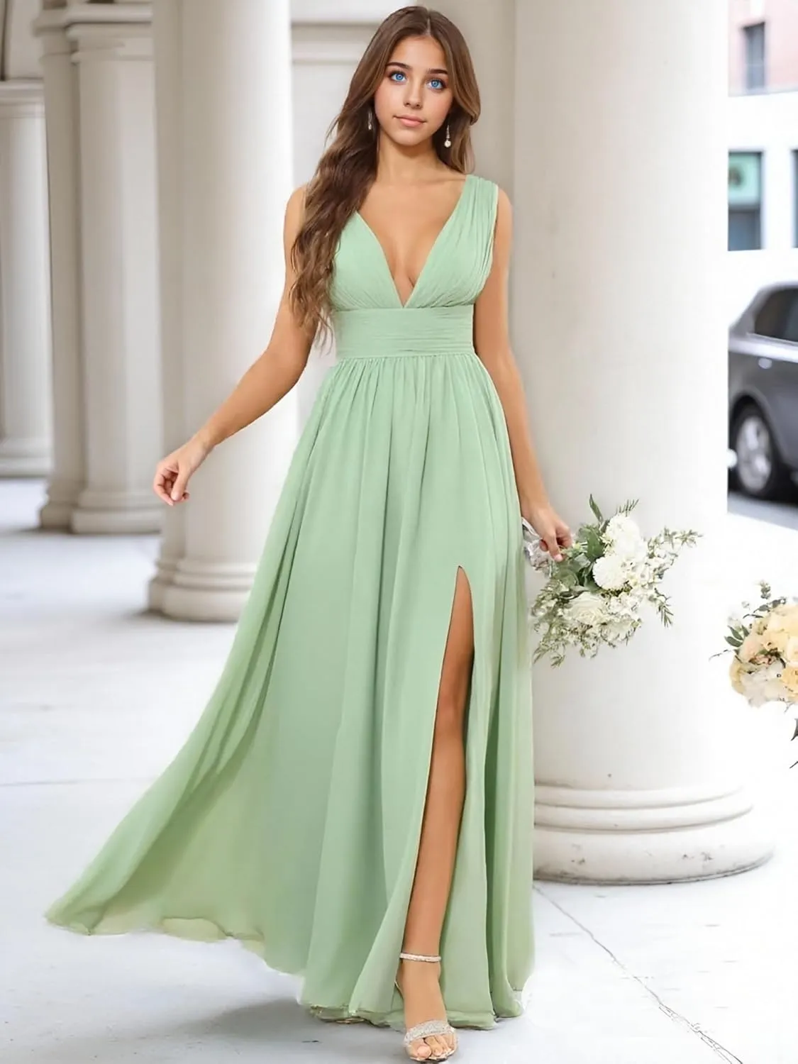 Women's V Neck Bridesmaid Dresses for Wedding Long Chiffon Pleated A Line Formal Evening Gown Prom Dress with Slit