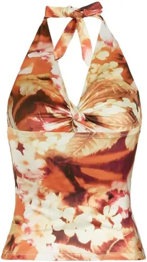 Women's V-Neck Camisole with Floral Pattern for Vacation Slim Fit Halter Neck and Tie-Strap Top(L)