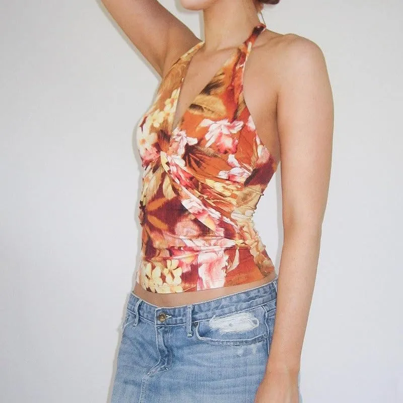 Women's V-Neck Camisole with Floral Pattern for Vacation Slim Fit Halter Neck and Tie-Strap Top(L)