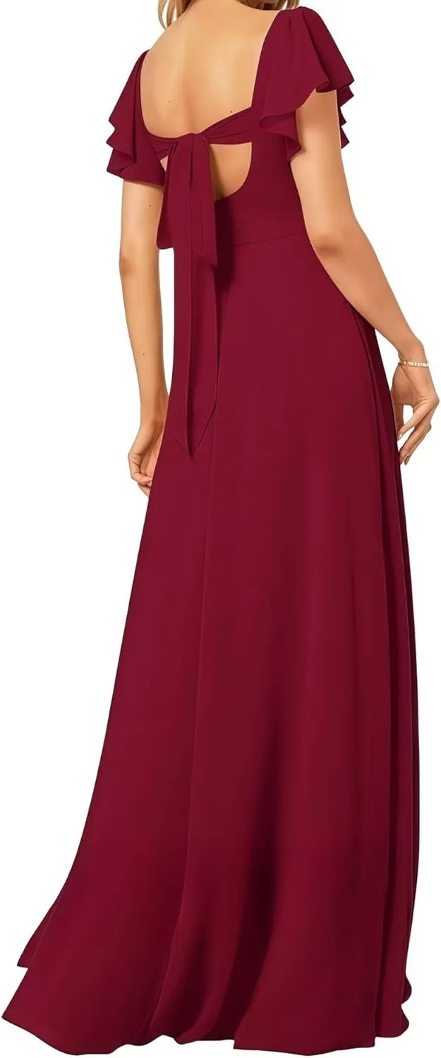 Women's V Neck Short Sleeve Bridesmaid Dresses for Wedding Ruffled Chiffon Evening Formal Gown