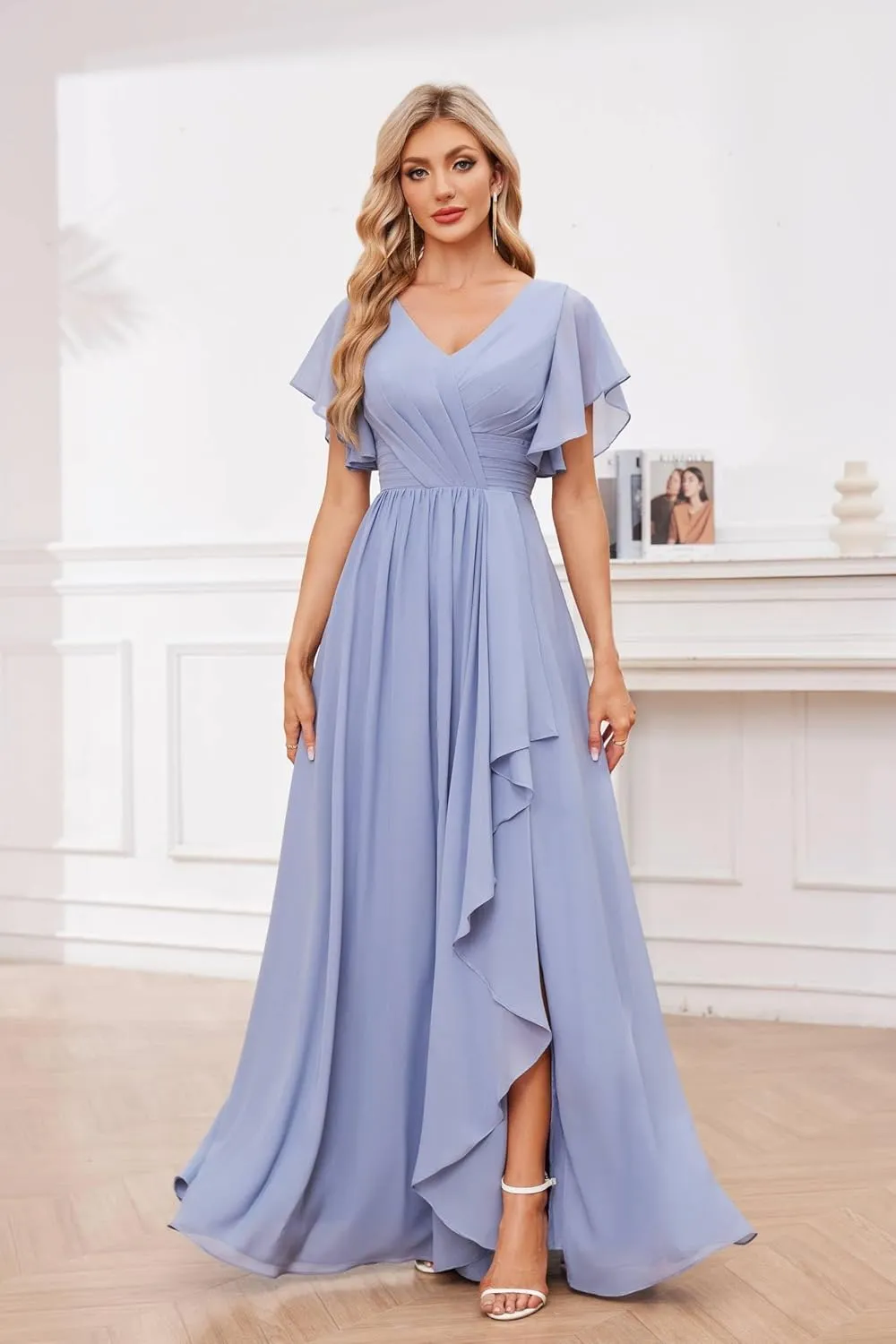 Women's V Neck Short Sleeve Bridesmaid Dresses for Wedding Ruffled Chiffon Evening Formal Gown