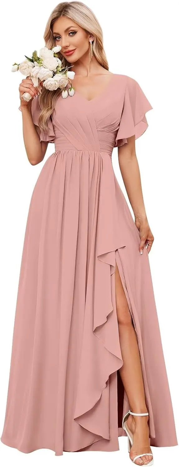 Women's V Neck Short Sleeve Bridesmaid Dresses for Wedding Ruffled Chiffon Evening Formal Gown