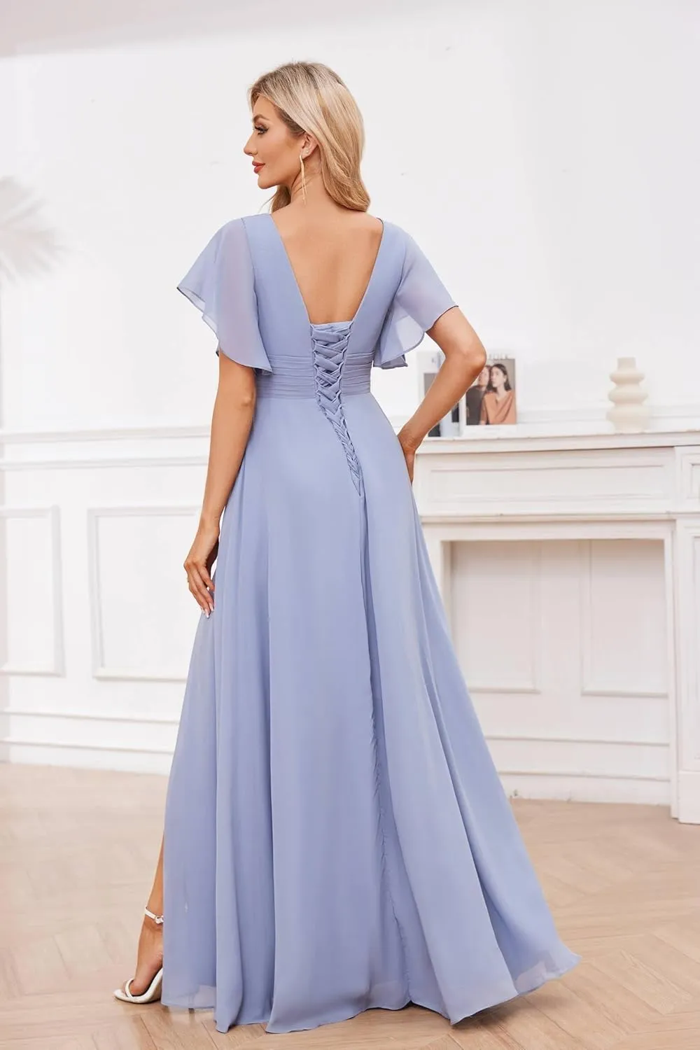 Women's V Neck Short Sleeve Bridesmaid Dresses for Wedding Ruffled Chiffon Evening Formal Gown