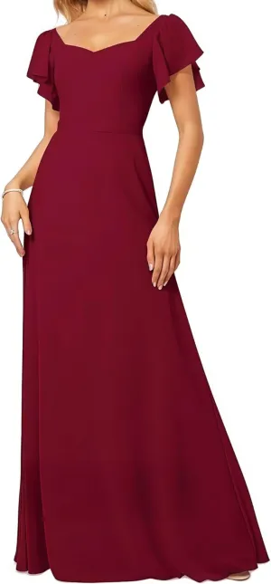Women's V Neck Short Sleeve Bridesmaid Dresses for Wedding Ruffled Chiffon Evening Formal Gown