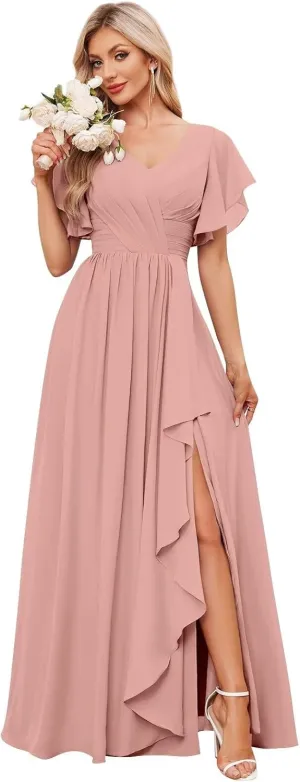 Women's V Neck Short Sleeve Bridesmaid Dresses for Wedding Ruffled Chiffon Evening Formal Gown