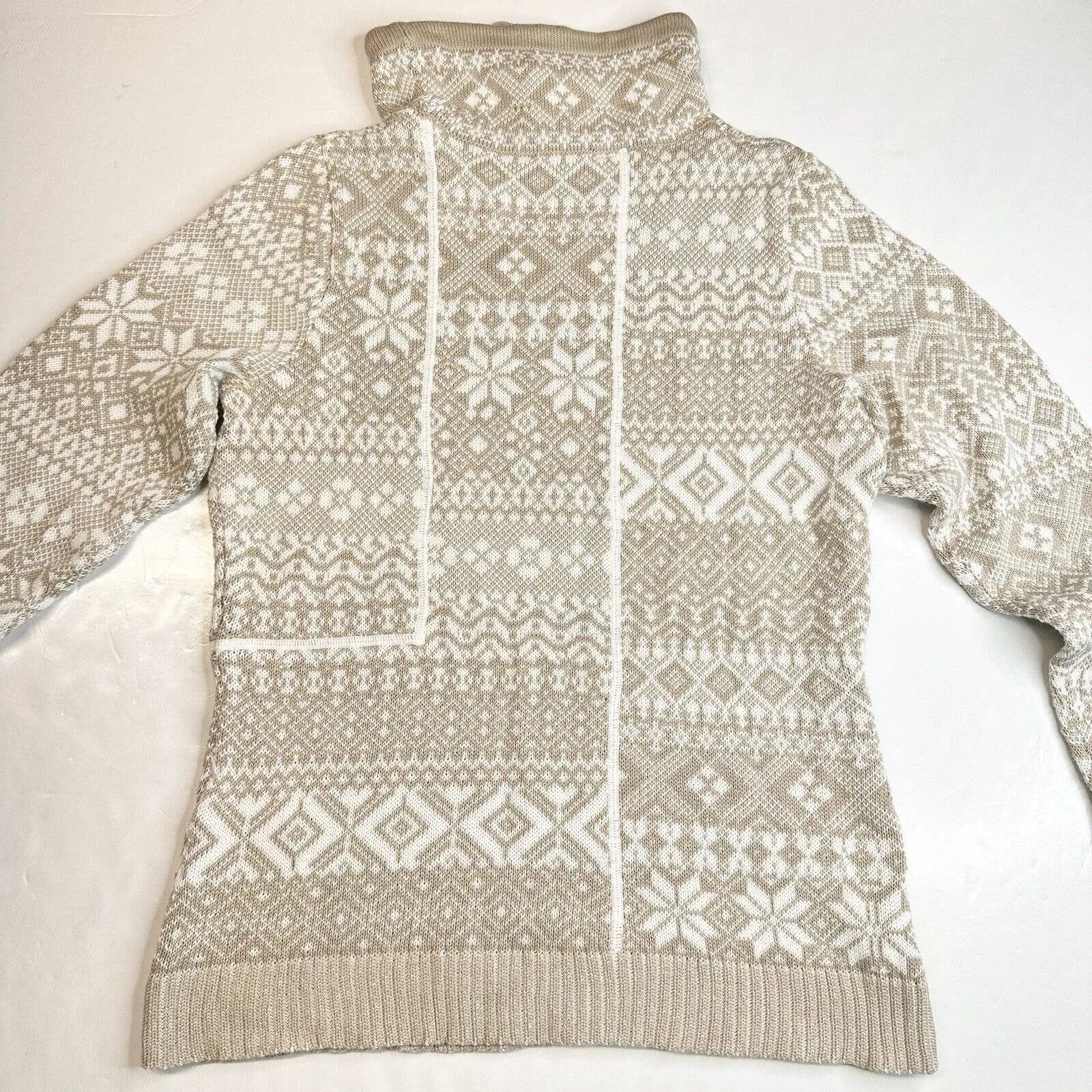 Woolrich Nordic Fair Isle Sweater Sz Medium Beige/White Cowl Cinch Neck Top EUC