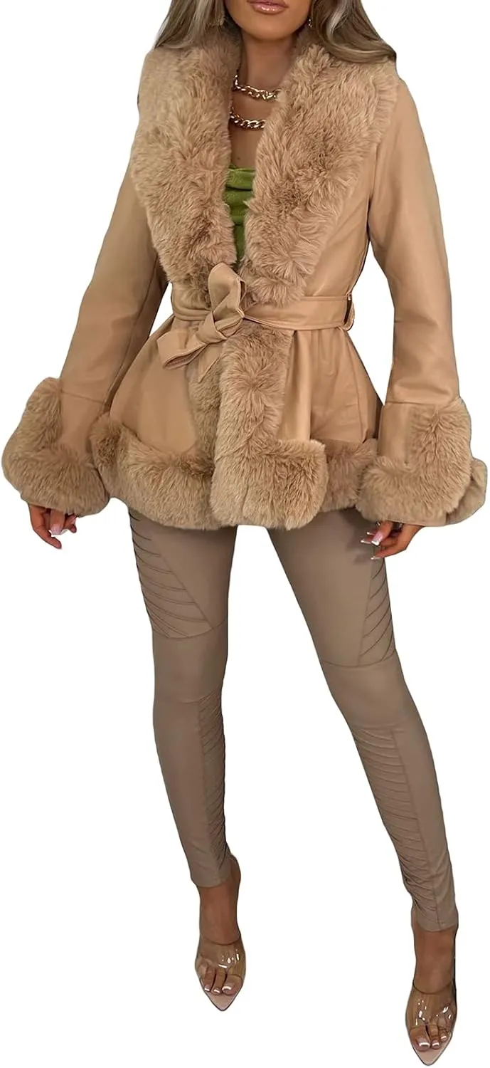 Yoawdats Women's Faux Leather Jacket with Faux Fur Plush Collar Thicken Warm Long Sleeve Parka Cardigan with Belt Outwear