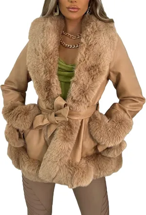 Yoawdats Women's Faux Leather Jacket with Faux Fur Plush Collar Thicken Warm Long Sleeve Parka Cardigan with Belt Outwear