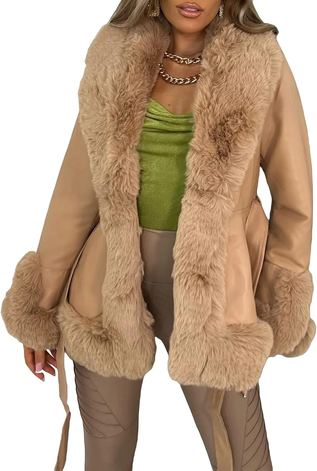 Yoawdats Women's Faux Leather Jacket with Faux Fur Plush Collar Thicken Warm Long Sleeve Parka Cardigan with Belt Outwear