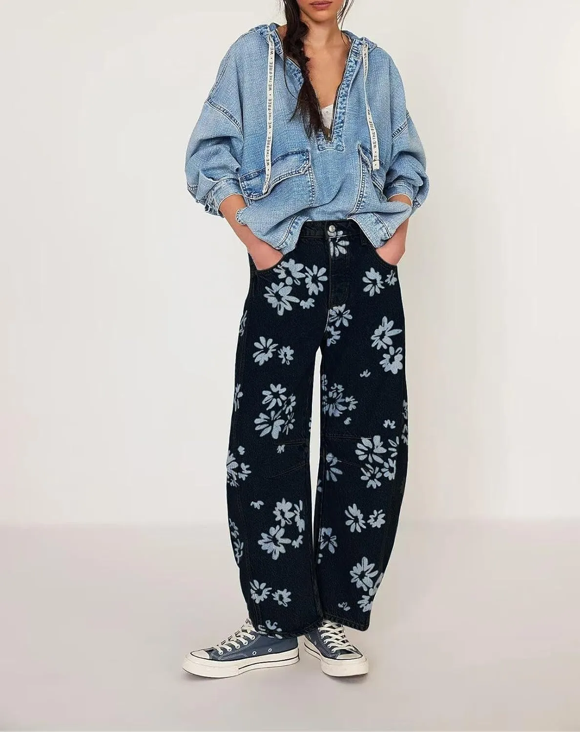 yoeasy Women's Mid Rise Baggy Barrel Jeans Floral Printed Wide Leg Y2k Boyfriend Jeans Denim Ankle Pants