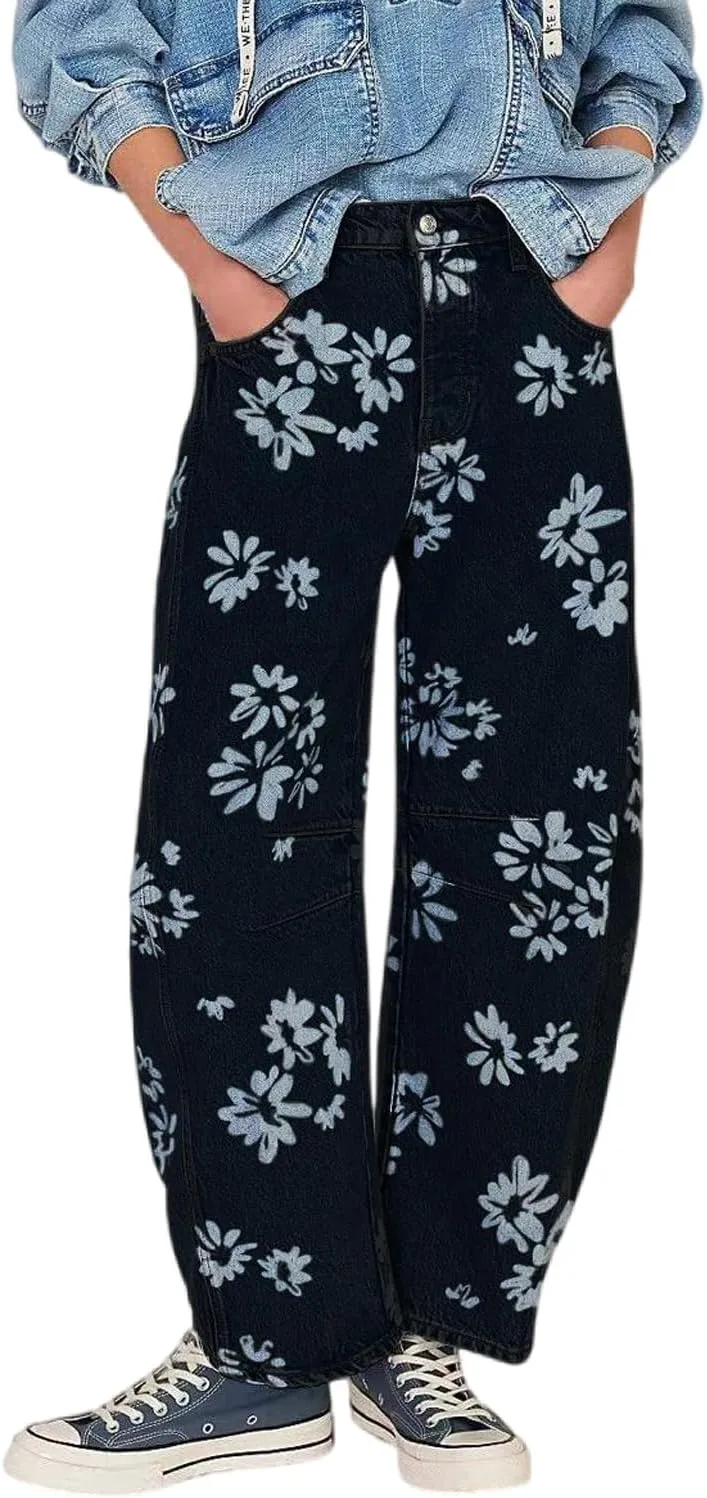 yoeasy Women's Mid Rise Baggy Barrel Jeans Floral Printed Wide Leg Y2k Boyfriend Jeans Denim Ankle Pants