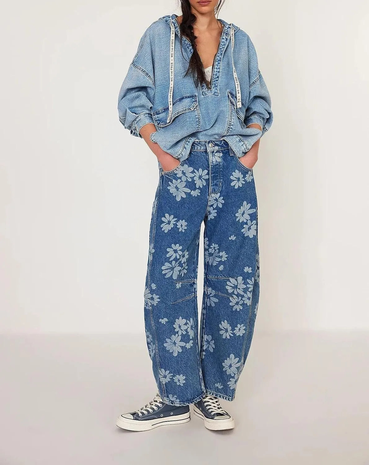 yoeasy Women's Mid Rise Baggy Barrel Jeans Floral Printed Wide Leg Y2k Boyfriend Jeans Denim Ankle Pants