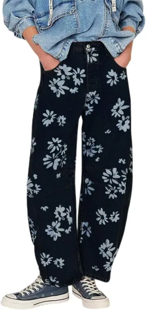 yoeasy Women's Mid Rise Baggy Barrel Jeans Floral Printed Wide Leg Y2k Boyfriend Jeans Denim Ankle Pants