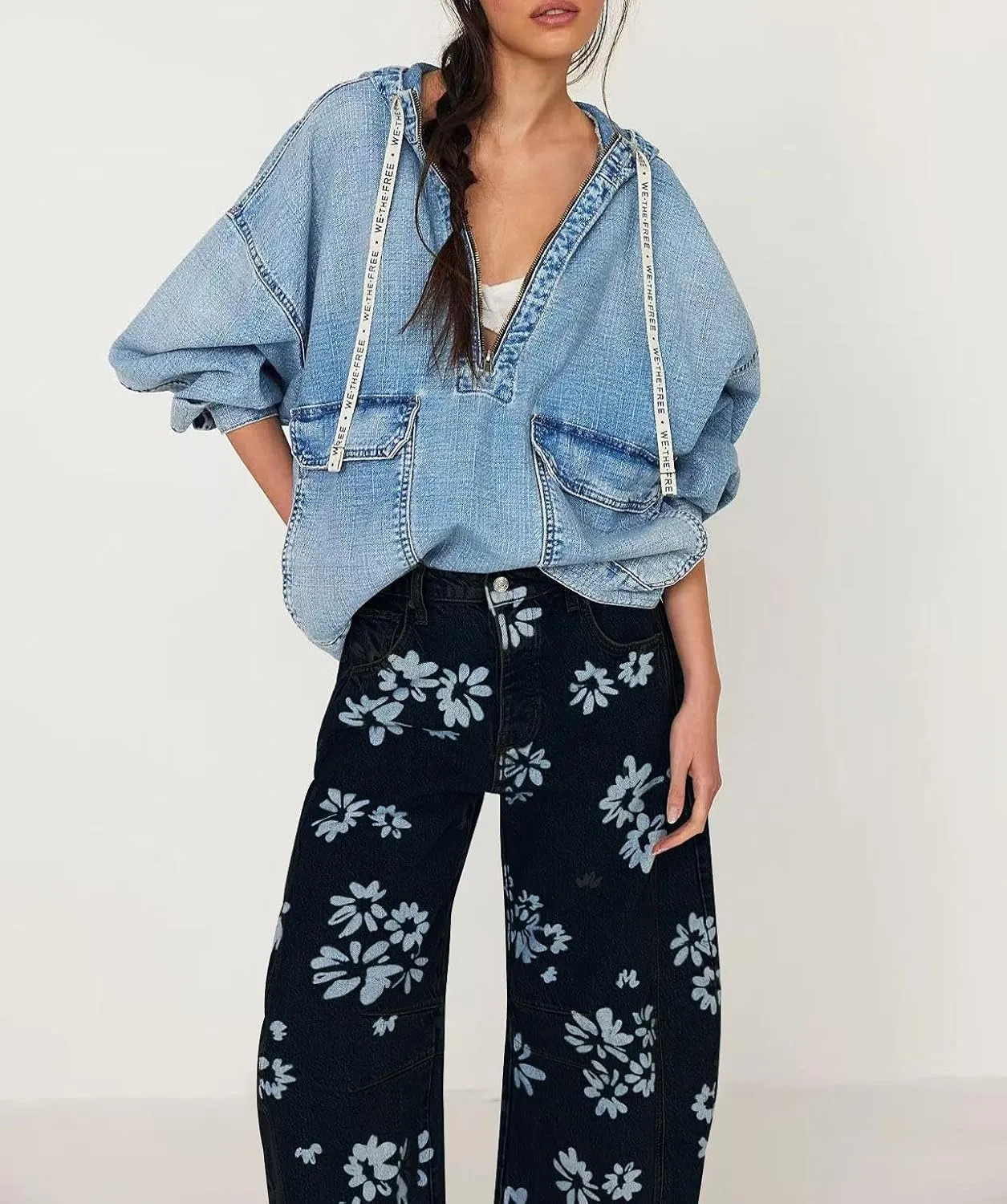 yoeasy Women's Mid Rise Baggy Barrel Jeans Floral Printed Wide Leg Y2k Boyfriend Jeans Denim Ankle Pants