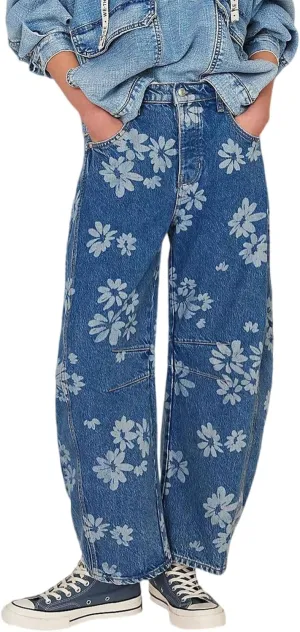yoeasy Women's Mid Rise Baggy Barrel Jeans Floral Printed Wide Leg Y2k Boyfriend Jeans Denim Ankle Pants